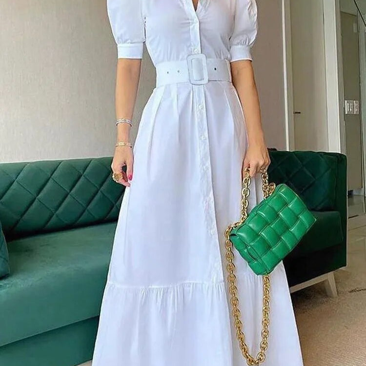 Short Sleeve Elegant Party Dresses For Women High Waist Gowns Button Design Women's Luxury Fashion Summer Clothes Chic Long