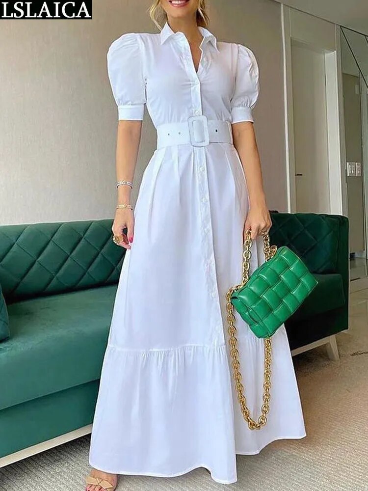 Short Sleeve Elegant Party Dresses For Women High Waist Gowns Button Design Women's Luxury Fashion Summer Clothes Chic Long