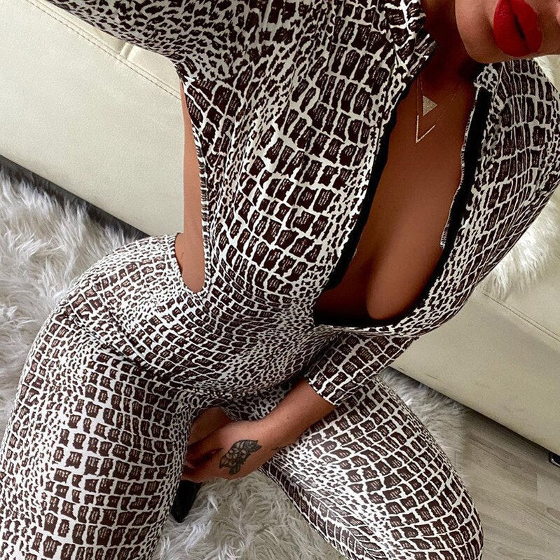 New Snakeskin Printed Long Sleeves Jumpsuits for Women Spring Summer Backless V-Neck Sexy Sport Bodysuit