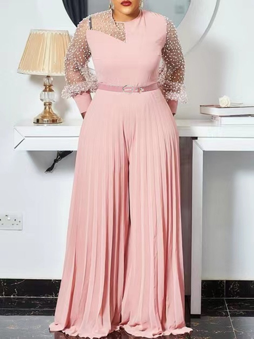 S-5xl Fall Outfits Women Pink Fashion Plus Size Jumpsuit Slim Pleated Long Sleeve Rompers Elegant Clothes Wholesale Dropshipping