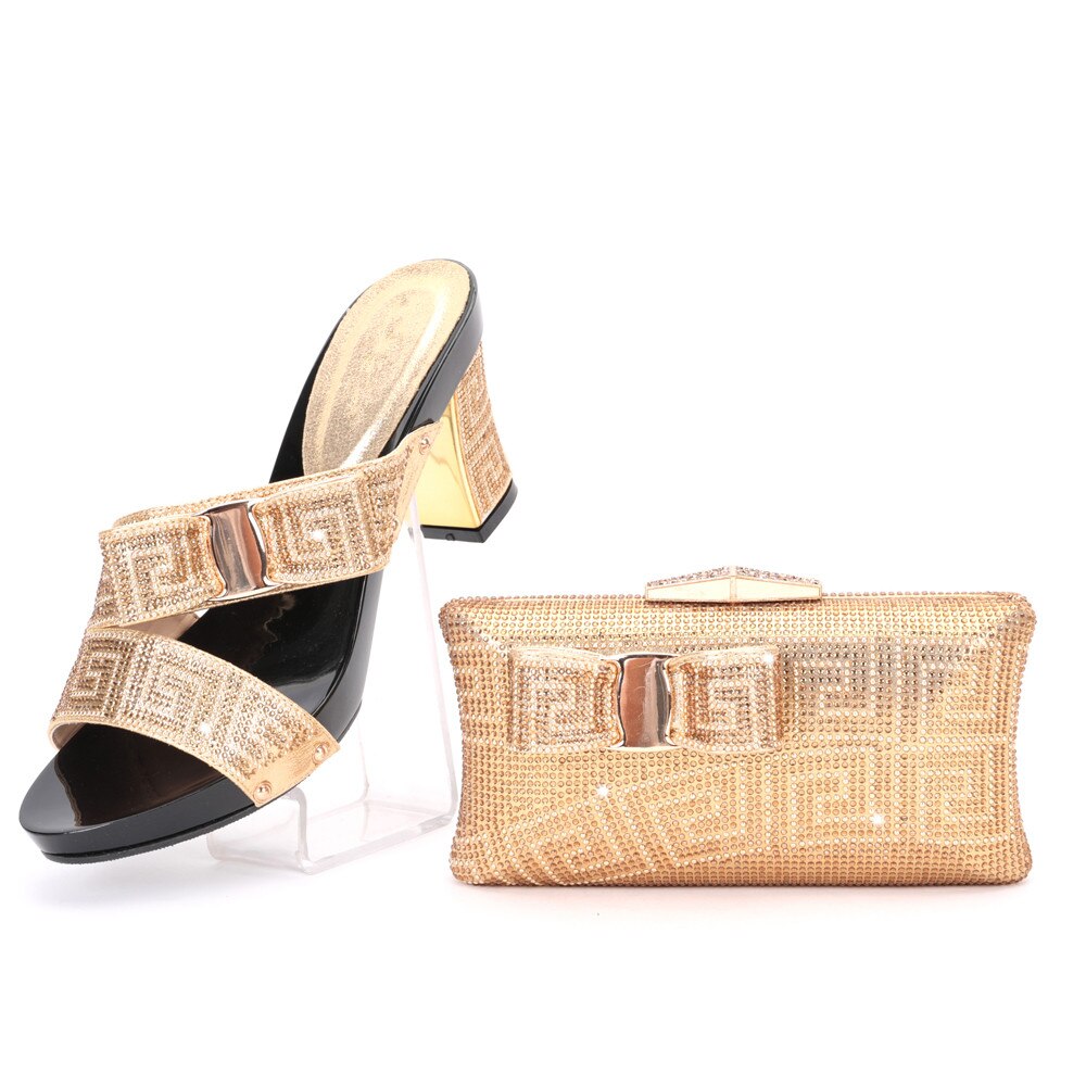 New Arrival Elegant Rhinestone Slipper Woman Shoes And Purse Set Italian Style Square Heels Shoes And Bag Set For Party Gold