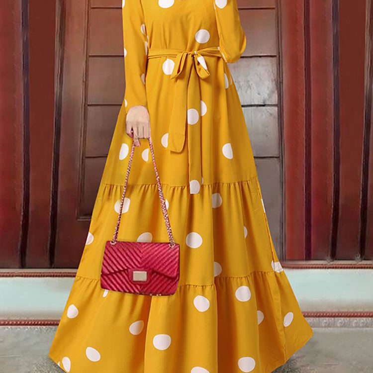 ZANZEA Women Spring Muslim Dress Elegant Casual Loose Abaya Kaftan Sundress Long Sleeved Polka Dots Printed O-Neck Maxi Robe Yellow