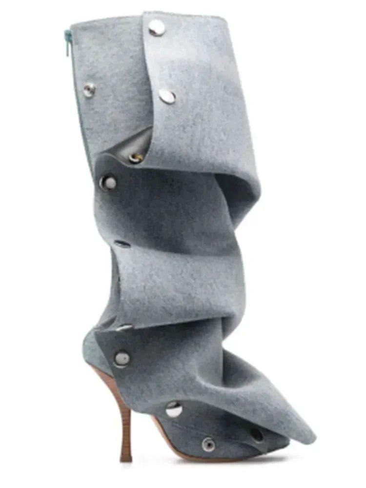 New European and American Slim High Heels, Knee High Boots, Pointed Pleated Metal Buttons, Women's Fashion Show, Winter Boots Blue