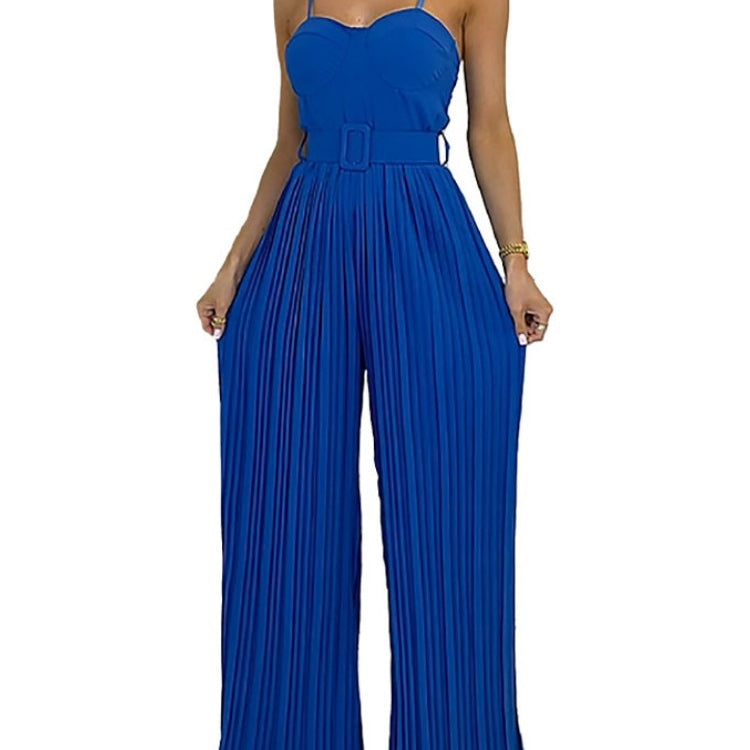 Summer Casual Suspenders Long Jumpsuit Women Sexy Fashion Solid Sleeveless Sashes Pleated Wide Leg Jumpsuit Orange Female Blue
