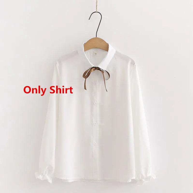 Women's Korean Preppy Style Student 3 Piece Clothing Set Spring Fall Girls Casual Bow Shirt Knit Vest Denim Pants Outfits Only Shirt