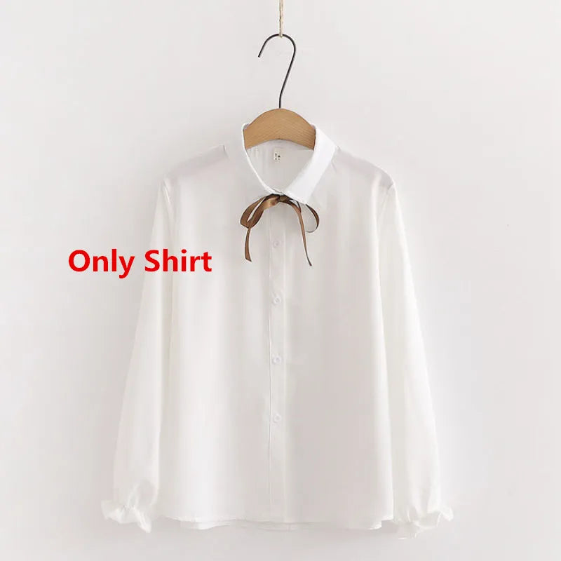 Women's Korean Preppy Style Student 3 Piece Clothing Set Spring Fall Girls Casual Bow Shirt Knit Vest Denim Pants Outfits Only Shirt