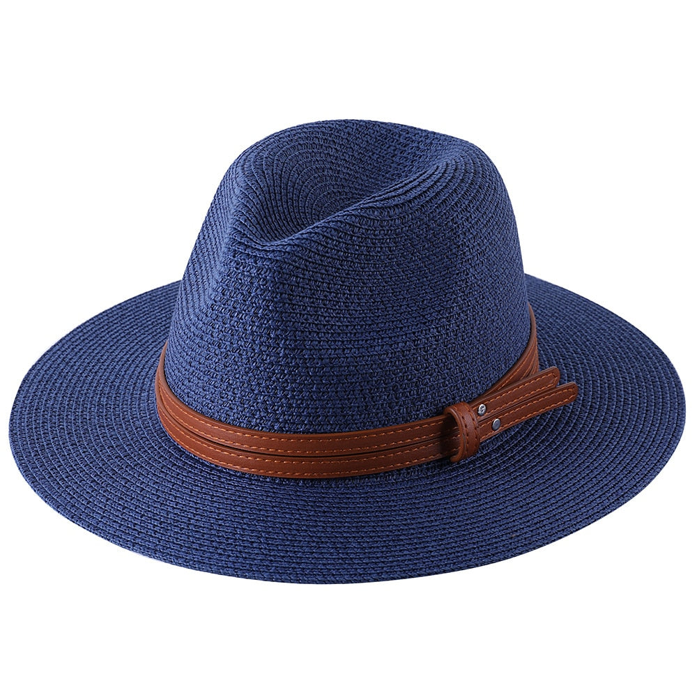 56-58-59-60CM New Natural Panama Soft Shaped Straw Hat Summer Women/Men Wide Brim Beach Sun Cap UV Protection Fedora Hat Navy01