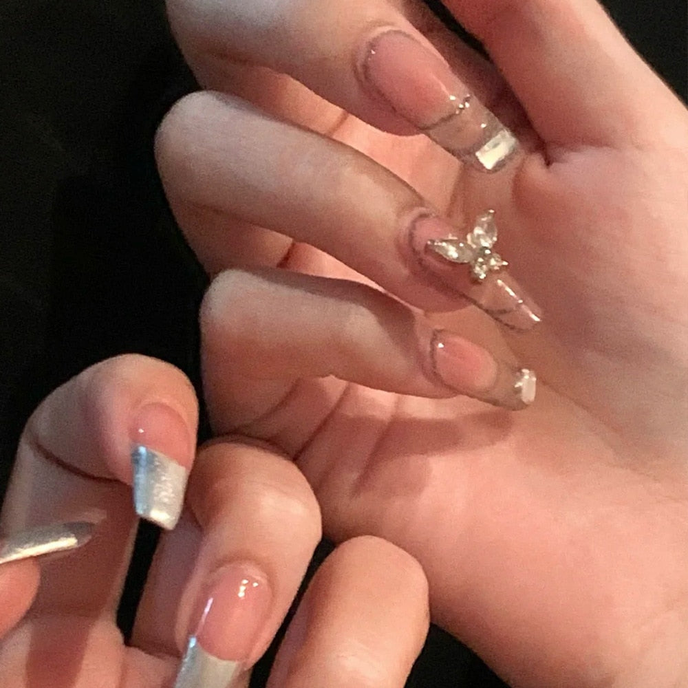 Gradient Fake Nails Press on Nail Diamond Cross Art Long Tips False Forms with Glue Stick Stickers Reusable Set