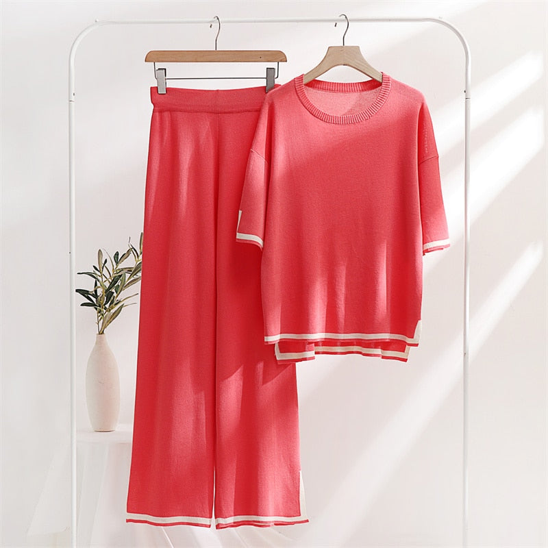 Two Piece Set Elegant Pants Sets Ice Knitted Summer Outfits For Women Short Sleeve Pajama Suit Red One Size