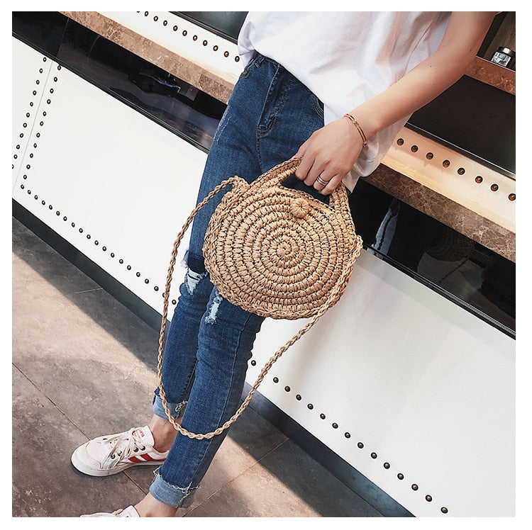 Bohemian Straw Bags for Women Circle Beach Handbags Summer Rattan Shoulder Bags Handmade Knitted Travel Big Totes Bag New Brown 1
