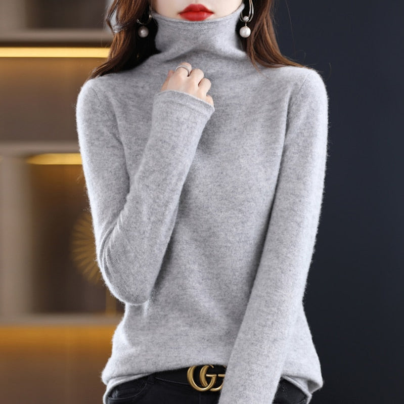 Pure Wool Women Sweater Autumn Winter Fashion Pile Collar Pullover Cashmere Sweater Casual Long-sleeved Knitted Tops