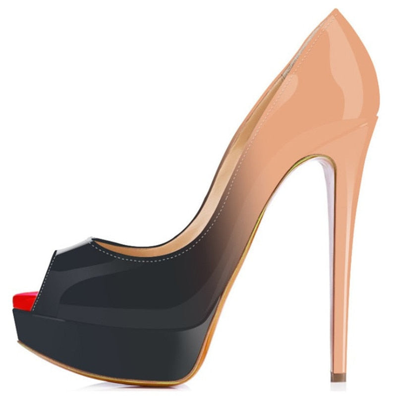 Mulheres bombas sexy plataforma peep toe 14cm saltos extremamente altos mulher couro patente nighclub sapatos de casamento vermelho gradiente stiletto