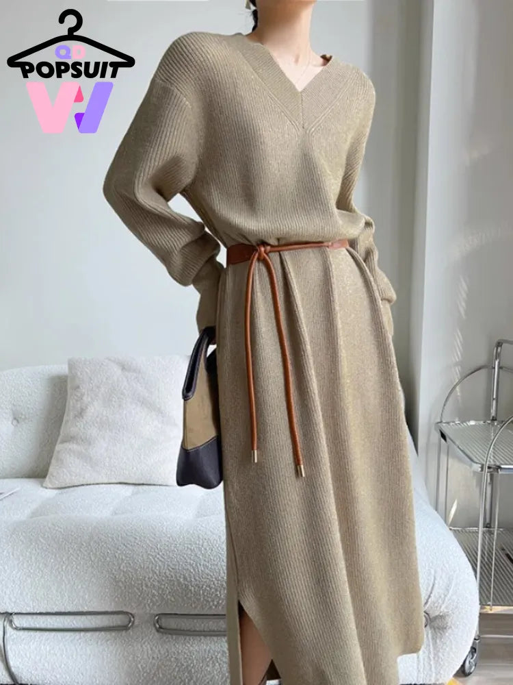 New Autumn Winter Women Knit Sweater Dress V-neck Loose Long Pullover Dress Lazy Temperament Robe Women One Piece Skirt Clothes
