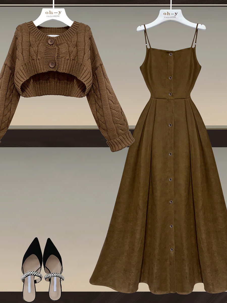 Fall Winter Two Piece Sets Women Outfits Korean Casual Long Sleeve Twist Knitted Short Sweater And Straped High Waist Dress Sets set