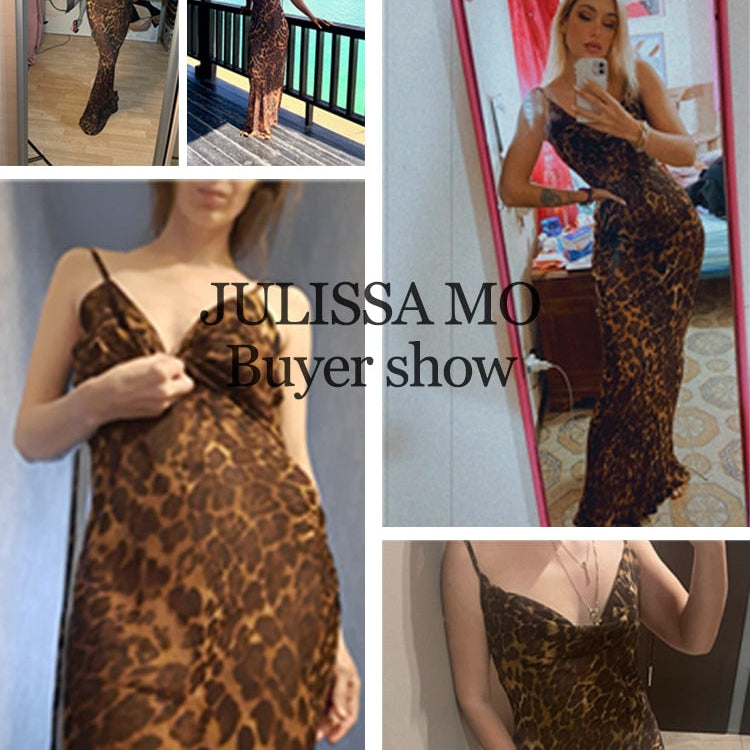 Leopard Print V-Neck Sexy Bodycon Long Dress Women Lace Up Backless Summer Dresses Female Straps Party Beach Vestidos