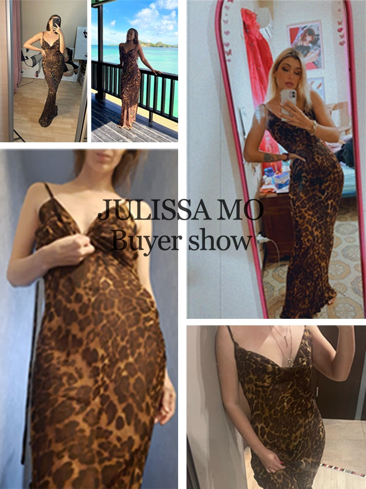 Leopard Print V-Neck Sexy Bodycon Long Dress Women Lace Up Backless Summer Dresses Female Straps Party Beach Vestidos