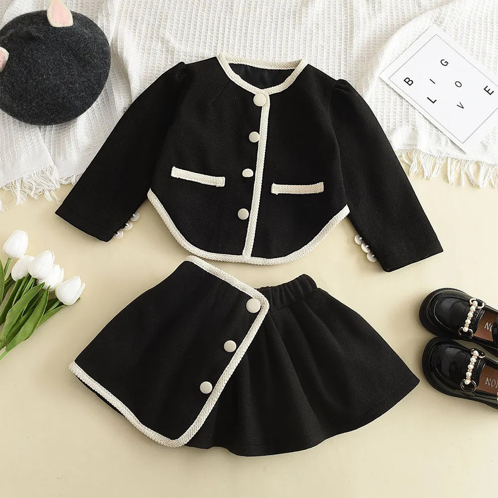 Leader Fashion Kids Girls Princess 2pcs Clothes Set Autumn Winter Children Coat Outwear+Skirts Vintage Outfits Suit 2-12Y AW0101black
