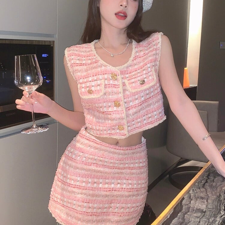 High Street French Luxury Small Fragrance 2 Piece Set Women Vest Crop Top + Skirt Suits Korean Elegant Fashion Two Piece Outfits
