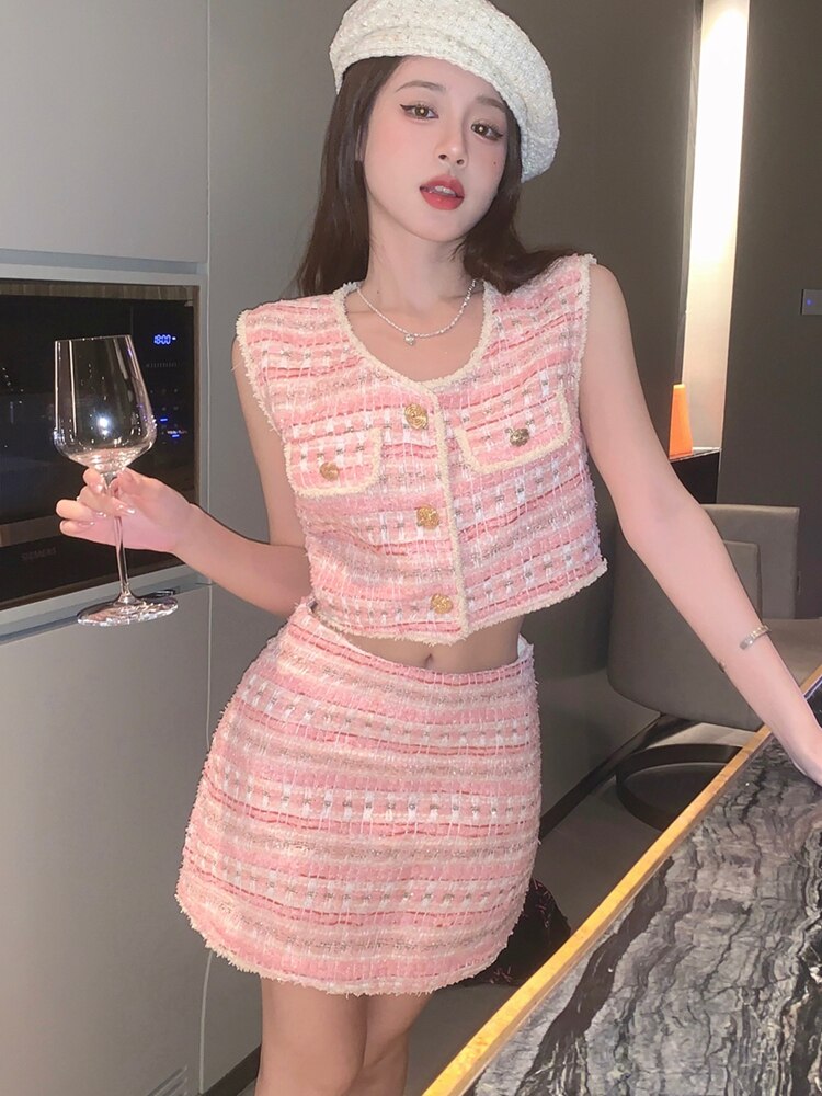 High Street French Luxury Small Fragrance 2 Piece Set Women Vest Crop Top + Skirt Suits Korean Elegant Fashion Two Piece Outfits