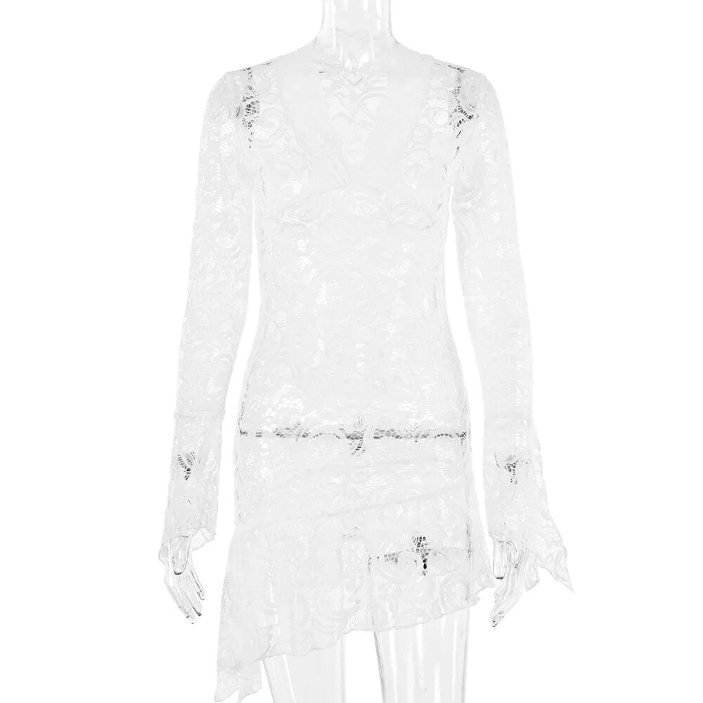 Sexy See Through V-neck Longsleeve Lace Mini Dress Women Summer Skinny Hollow Out Dresses Club Party Clothes white
