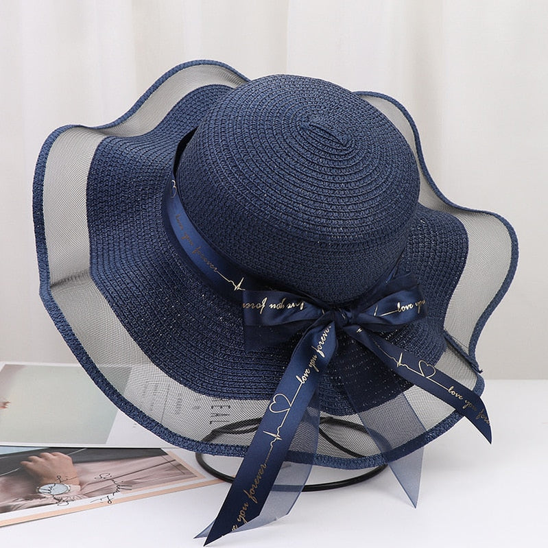 Korean Style Woman Straw Hat Bow Ribbon Large Brim Sunshade Ins Outing Fashion Beach Holiday ladies sun Hat Navy Blue 57 cm