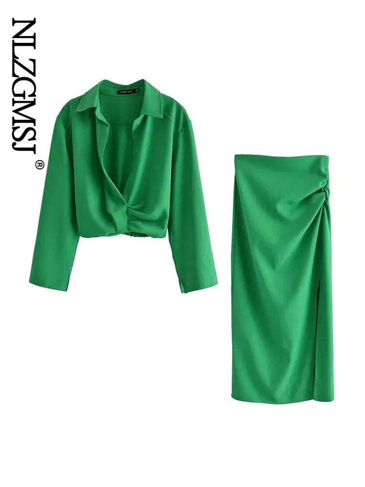 Skirts Womens Two Piece Set Linen Blend Cropped Women Shirt Draped Skirt Autumn Fashion Casual Dress Sets