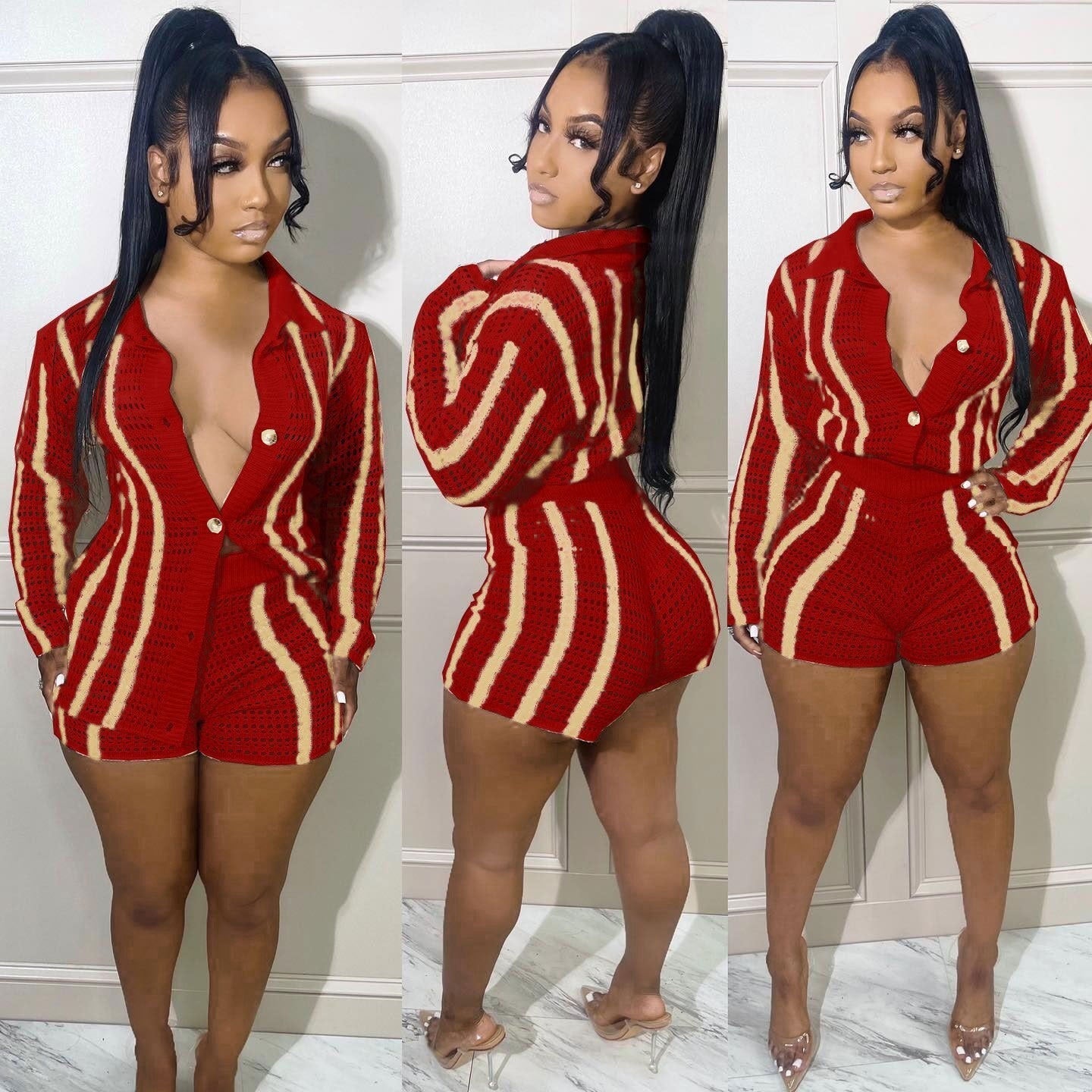 Striped Knitted Sweater Cardigan and Shorts Two Piece Set Women Clothing Fall Fashion Matching Set Red