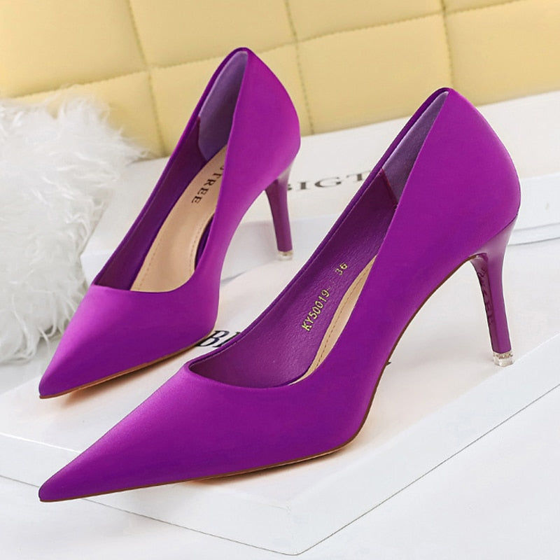 BIGTREE Shoes Satin Women Pumps New Purple High Heels Fashion Women Shoes Stiletto Luxury Noble Party Shoes Women Heels Purple-7.5cm
