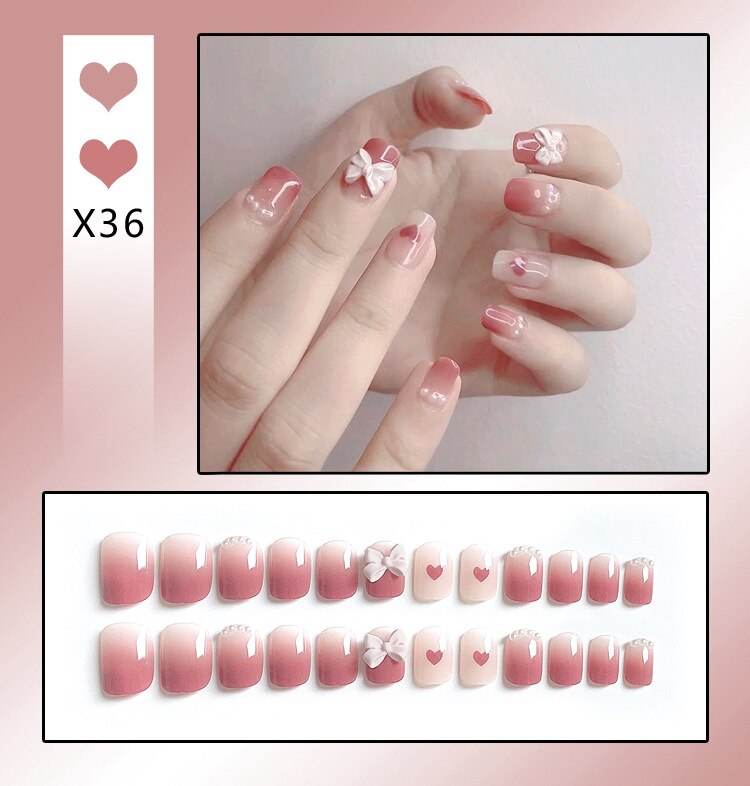 24PCS/Box Bowknot Rabbit Pattern Pearl Short Square Designer Fashion Design French Style Full Covering Pressed Fake Nails X36--Fake Nails