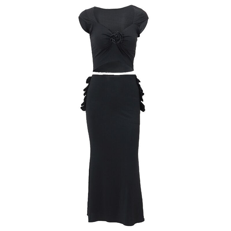Sexy Three-dimensional Flower Low-cut Crop Top With High-waist Ruffles Long Hip Skirt 2023 Elegant Women Party Outfits