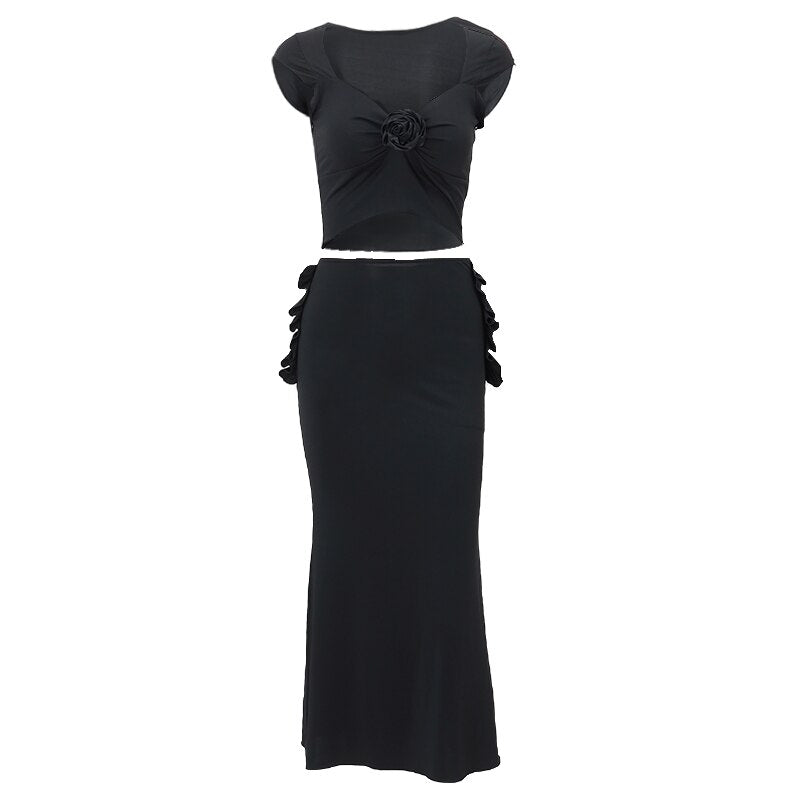 Sexy Three-dimensional Flower Low-cut Crop Top With High-waist Ruffles Long Hip Skirt 2023 Elegant Women Party Outfits