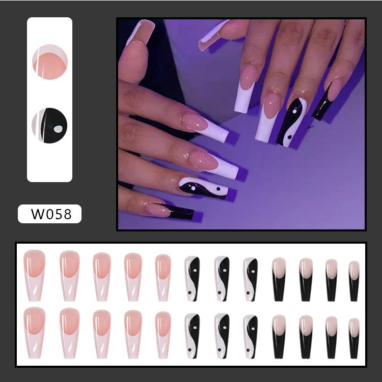 24pcs/box Printing Nails Patch MidLength Fake Nails With Design Full Cover Acrylic Press On Nails Long Artifical Nails With Glue 58