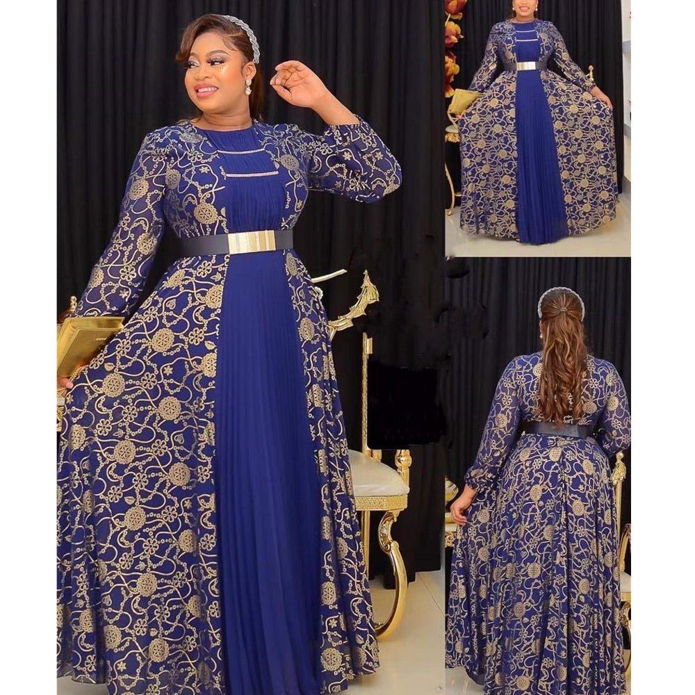 African Maxi Dresses For Women 2023 Plus Size Evening Party Long Dress Africa Clothing Elegant Kaftan Muslim Chiffon Dress Navy Blue