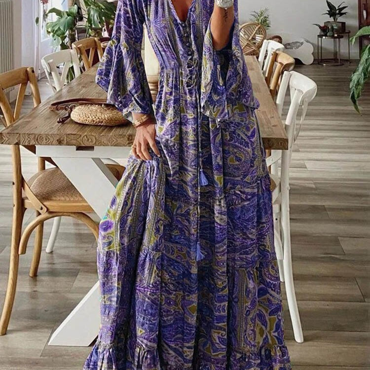 Women Vintage Print Long Dress 2023 Summer Sexy V Neck Short Sleeve A-line Dress Female Elegant Elastic Waist Maxi Dresess Robe EA08432-Purple