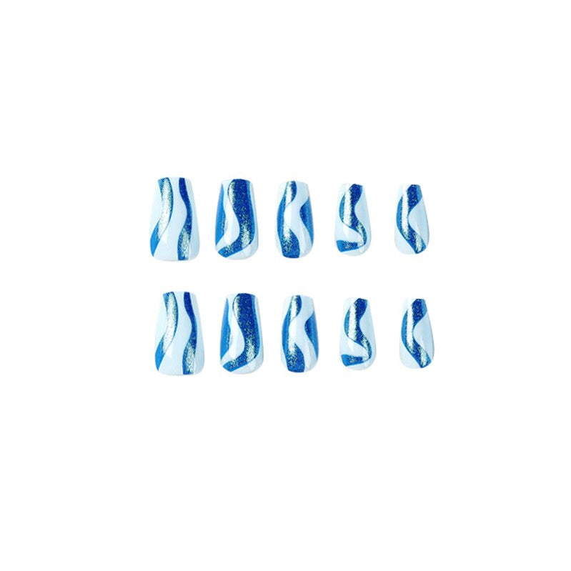 Blue Glitter Powder Waves Design Wearable Nail Art Glossy Fake Nails Short Ballet Finished False Nails Press on Nails with Glue
