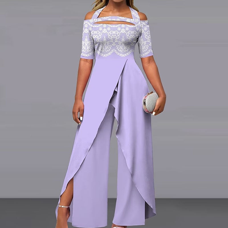 Elegant Pattern Print Short Sleeve Long Jumpsuit Women Chic Backless Lace-up Irregular Overall Fashion Female Split Romper 05 Light Purple