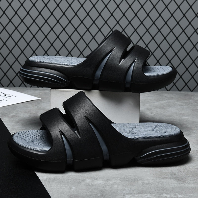 JOYWILL Summer Men&#39;s Slippers EVA Soft Bottom Non-slip Slippers Fashion Lightweight Outdoor Beach Flip Flops Shoes For Men Black-Gray-A Spain