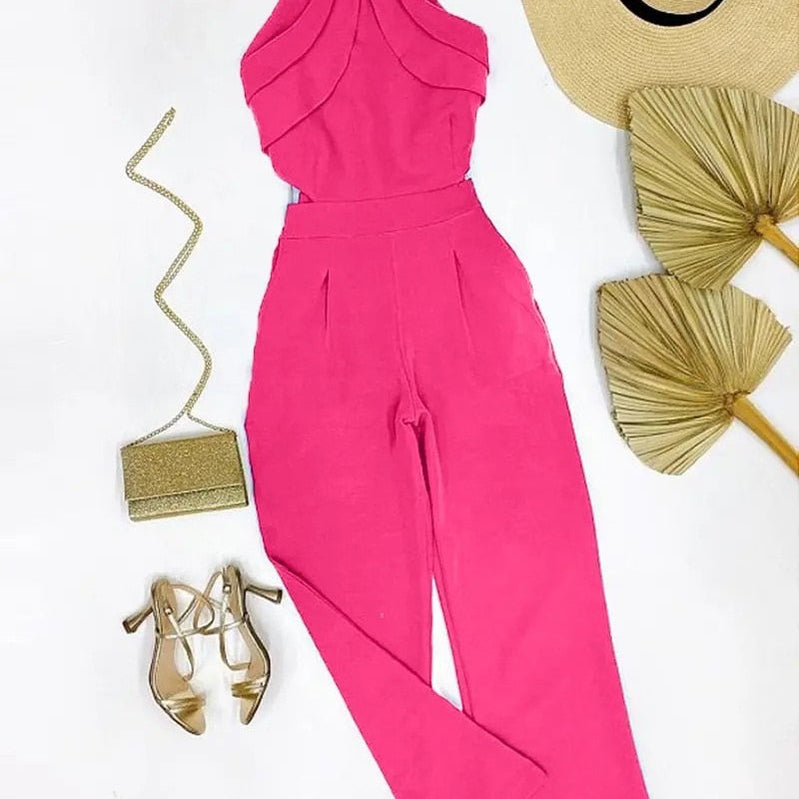 Elegant Europe and America New Solid Fashion Chain Neck Fold Sleeveless Sexy Office Lady Jumpsuit Women Summer OTTD Romper D