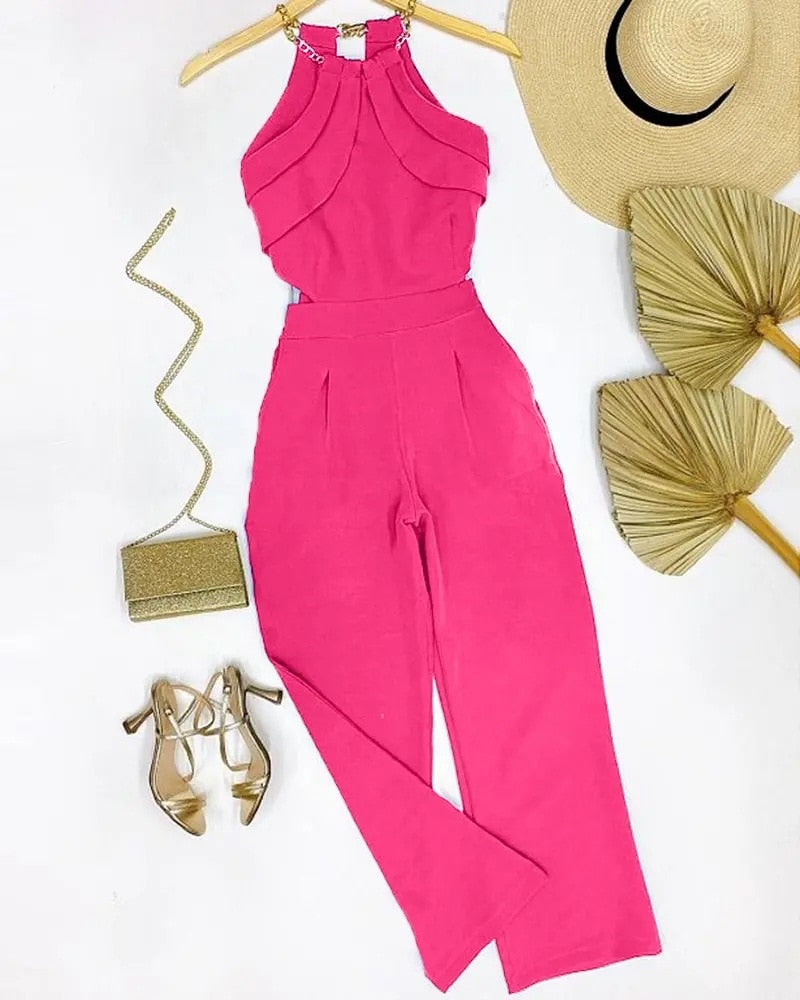 Elegant Europe and America New Solid Fashion Chain Neck Fold Sleeveless Sexy Office Lady Jumpsuit Women Summer OTTD Romper D