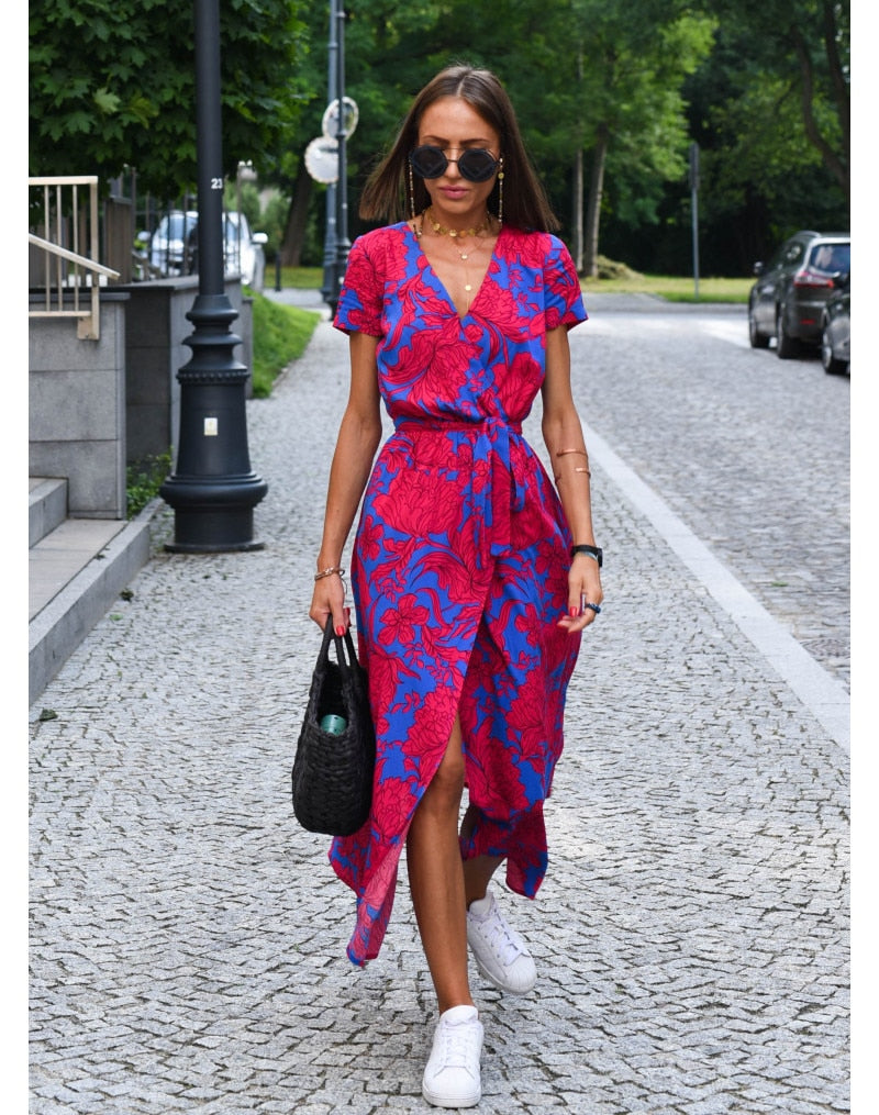 Women Casual Floral Print Dress Summer Elegant V-neck Short Sleeve Waist Lace Up Maxi Dresses Female Holiday Split Long Dress
