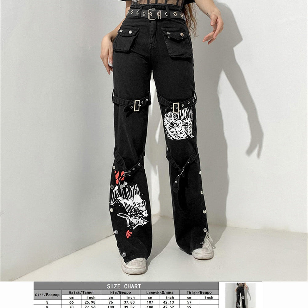 Eyelet Buckle Cyber Punk Goth Baggy Jeans Y2K Woman Techwear Dark Academic Solid E Girl Cargo Pants Denim Gothic Hippie Trousers 2 no belt