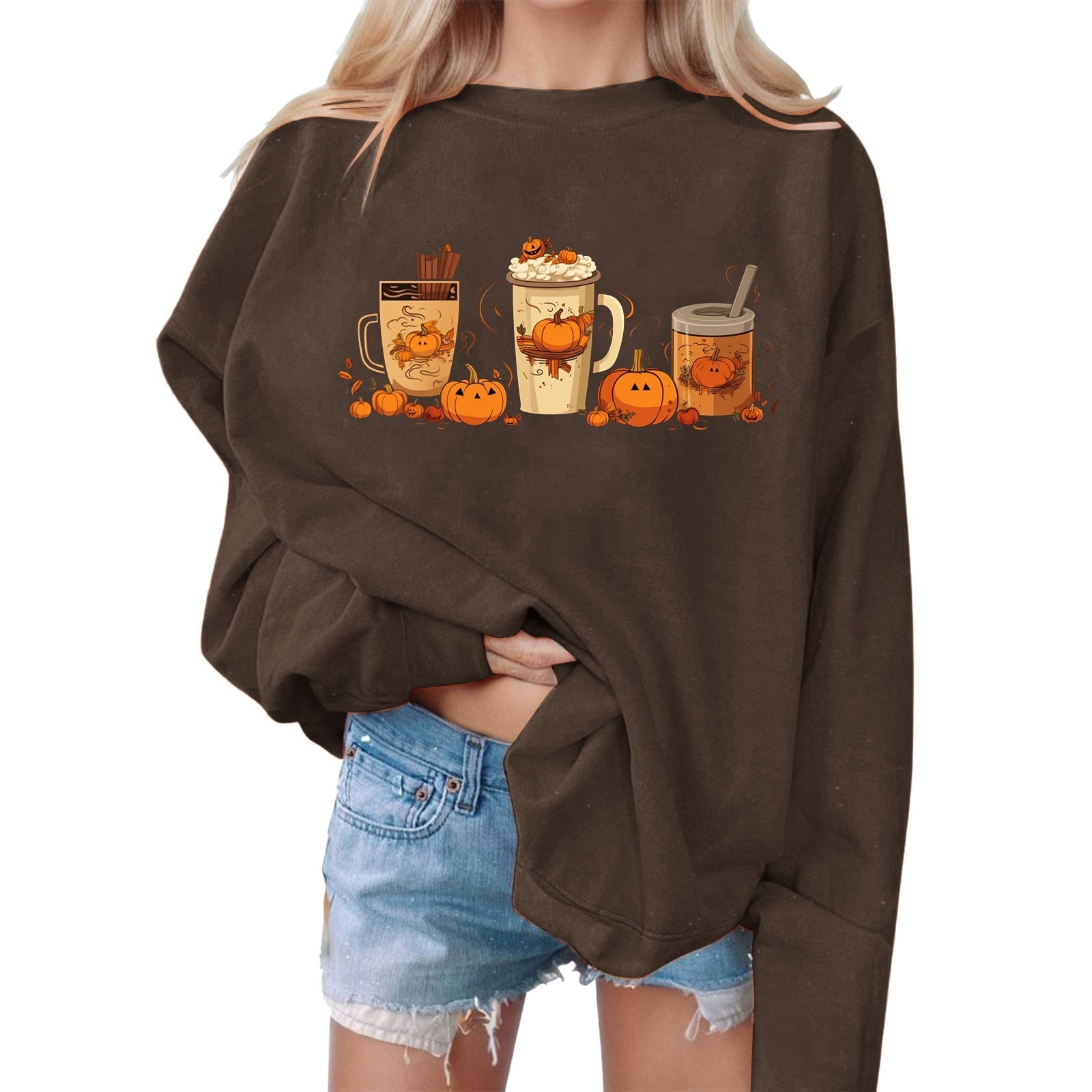 Autumn Winter Hoodless Sweatshirt Halloween Sweatshirts Printing Sweater Long Sleeve Women Sweatshirts Pullover Sudadera Outfits Coffee