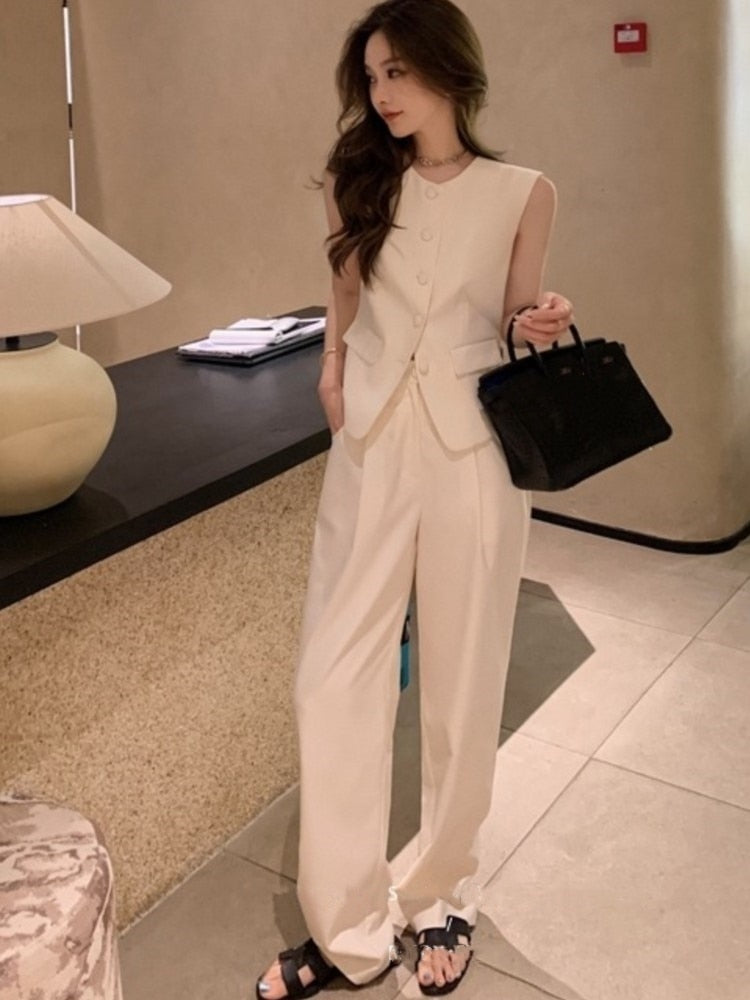 Korean Fashion Summer Pleated Skirt 2 Piece Set Women Elegant Sleeveless Button Tops+Wide Leg Pants Suits Y2k Casual Outfits white pant set