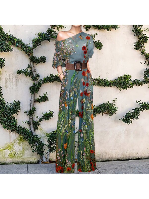 Print Jumpsuit Women Autumn and Spring New Fashion Long Sleeve Lapel Loose Casual Elegance Green Jumpsuits Print 5 (No Belt)