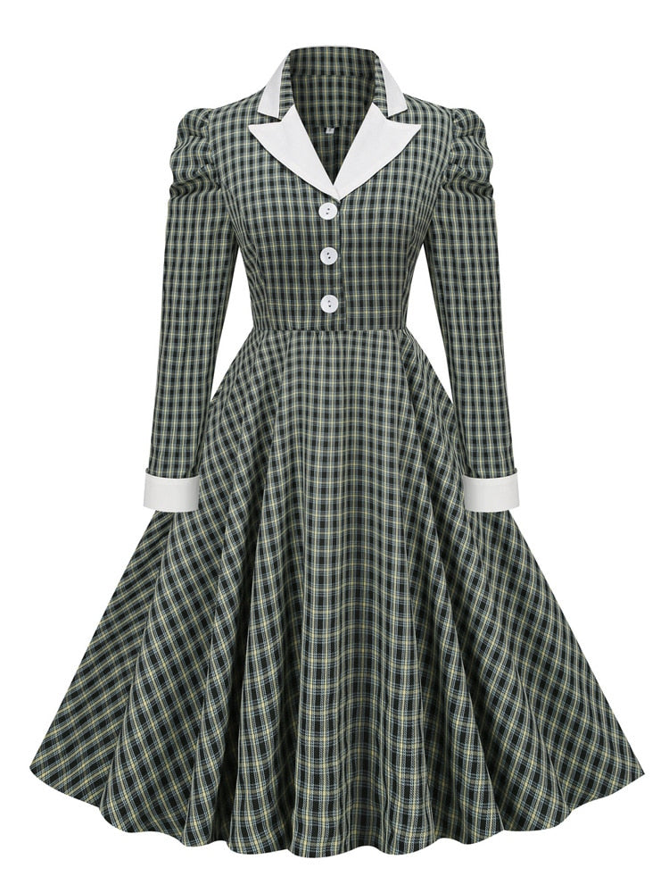 Tonval Gigot Sleeve Button Up Vintage Rockabilly Swing Dress Elegant Party Wear 2022 Women Fall Outfits Green Plaid Dresses