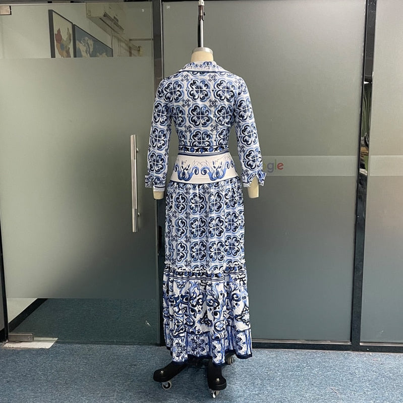 Women 2 Piece Sets Autumn Skirt Sets Sexy Lapel Porcelain Print Sets To Dress Bare Waist Long Sleeves Party Outfit