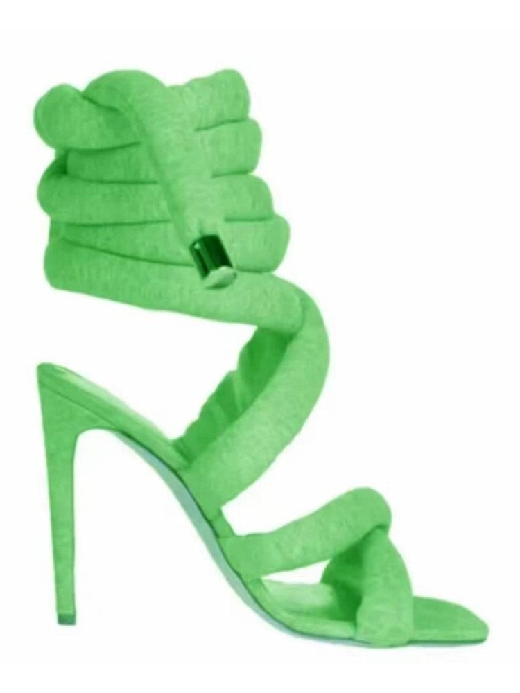 Summer Square Head Slim High Heel Sandals Wrapped Around The Feet Fashion Show Dress 43 Large Women's Sandals green