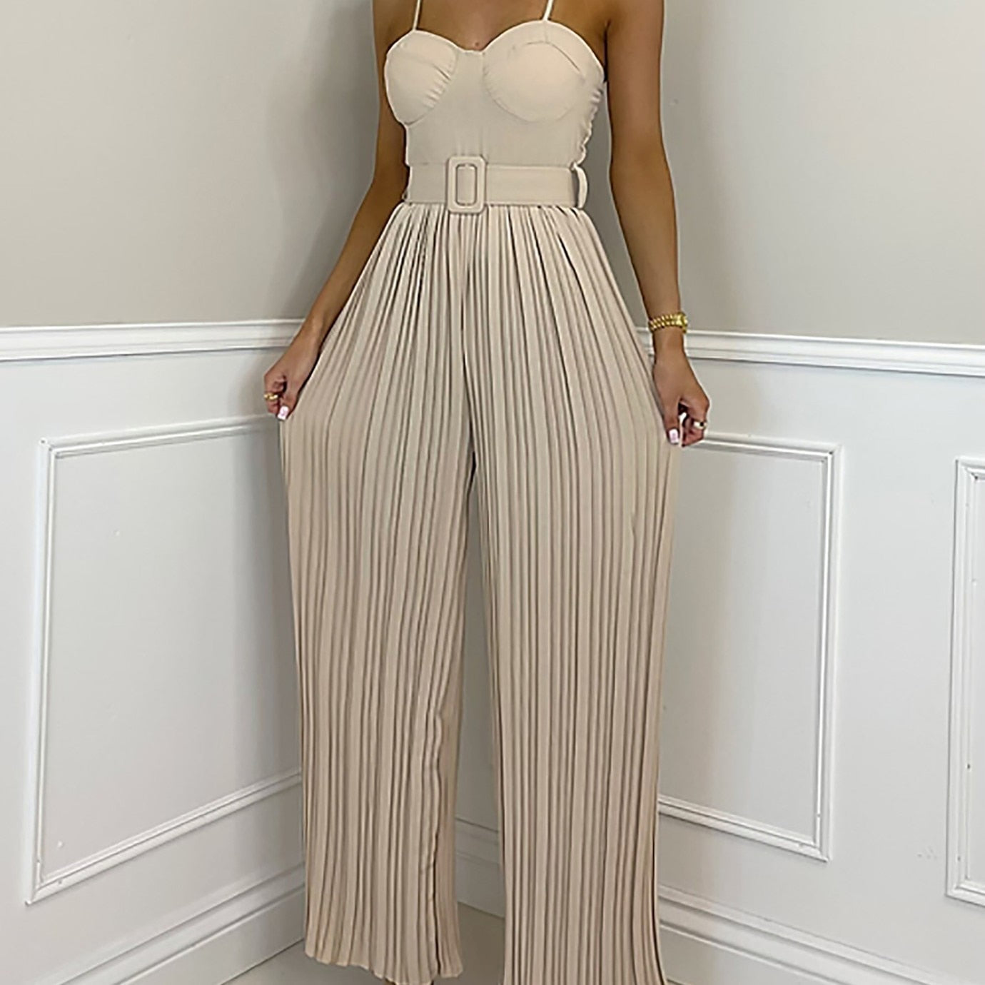 Summer Casual Suspenders Long Jumpsuit Women Sexy Fashion Solid Sleeveless Sashes Pleated Wide Leg Jumpsuit Orange Female
