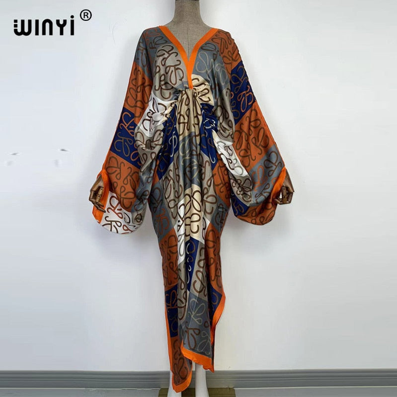 Sexy bech hand-rolled feel silk rayon fashion print Maxi Women's robes long beach V-neck Bohemian dress 23 One Size