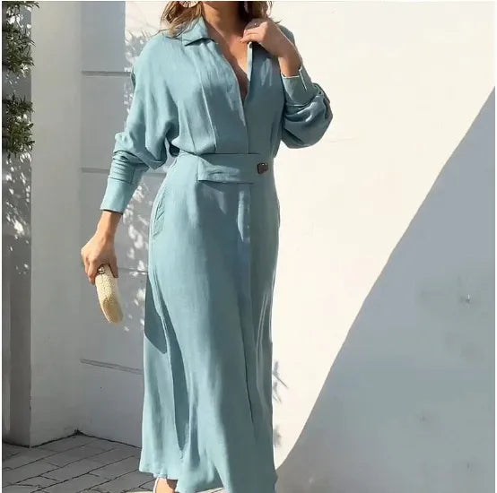 Fashion Dress for Women Luxury Elegant Solid Color Evening Dresses Party Slip Pockets Chic Promotion Long Sleeve Clothes Sky Blue